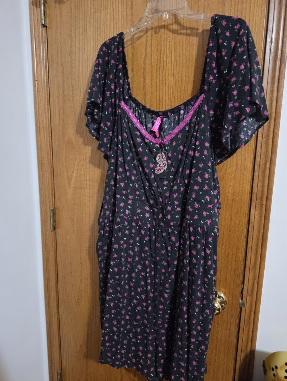 Betsey Johnson Black Romper with Hot Pink Floral Print - Picture 3 of 7